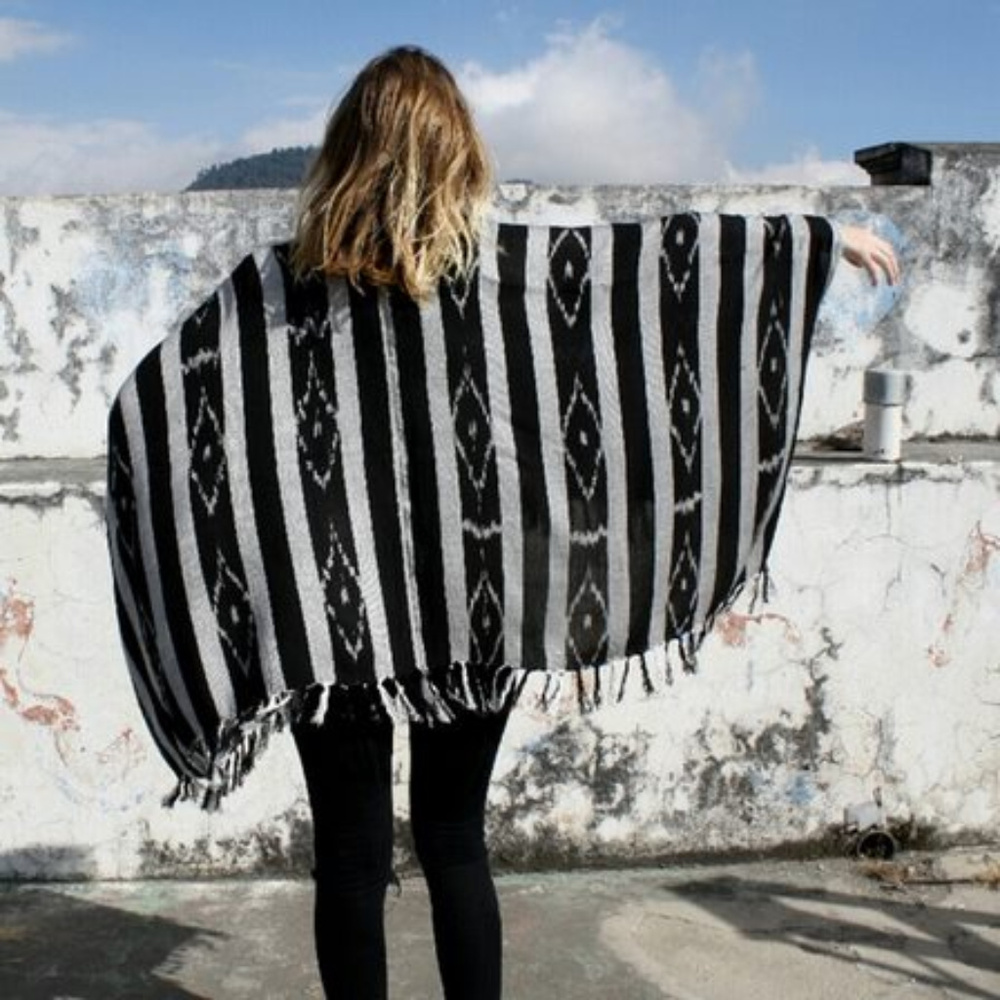 💲Sale - Ketzali Black Grey Tribal Aztec Stripes Summer Shawl with Fringe One OS